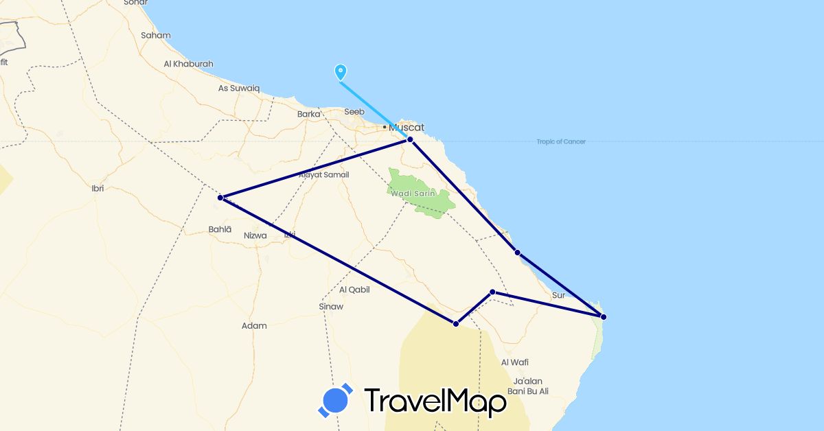 TravelMap itinerary: driving, boat in Oman (Asia)